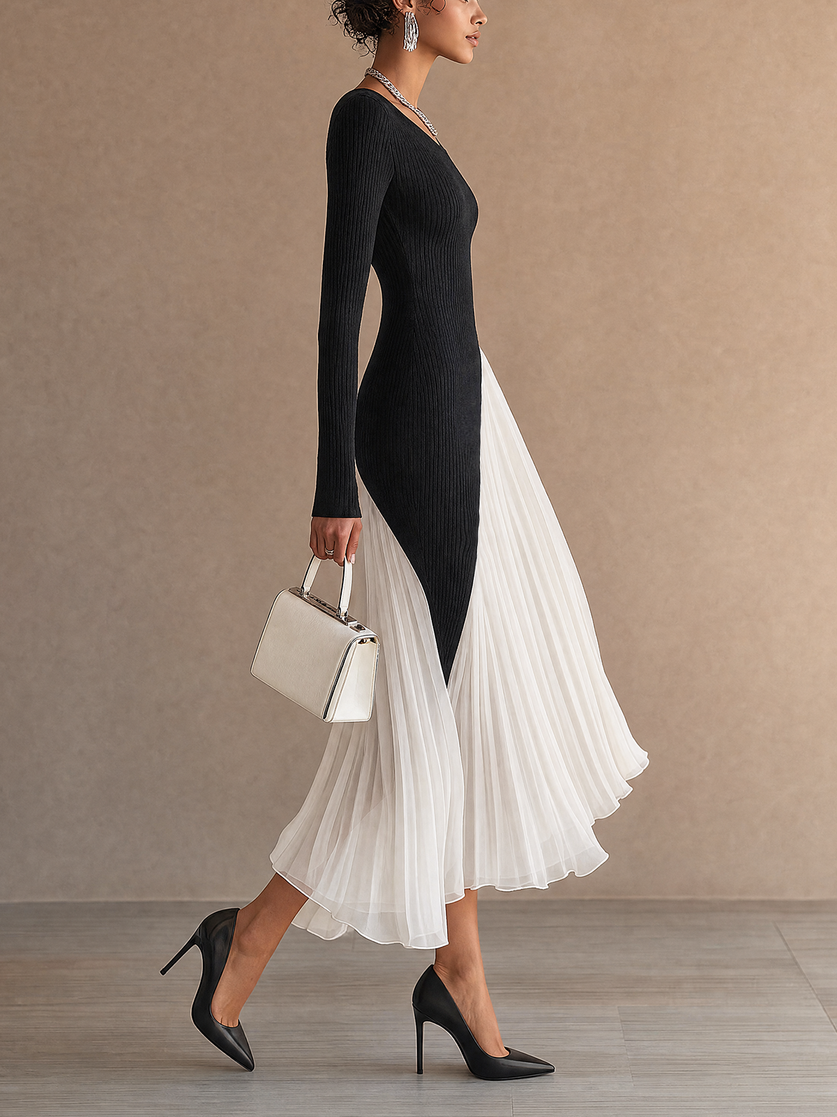 Black And White Asymmetric Rib Knit Chiffon Midi Dress