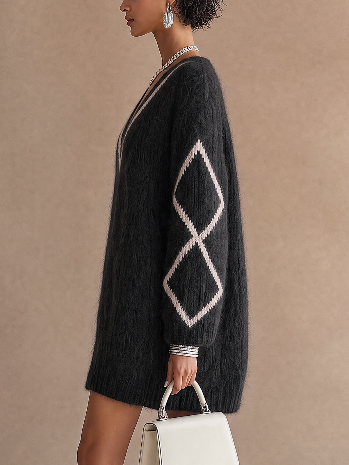 Black Fuzzy Knit V-Neck Contrast Ribbon Trim Sweater Mini Dress