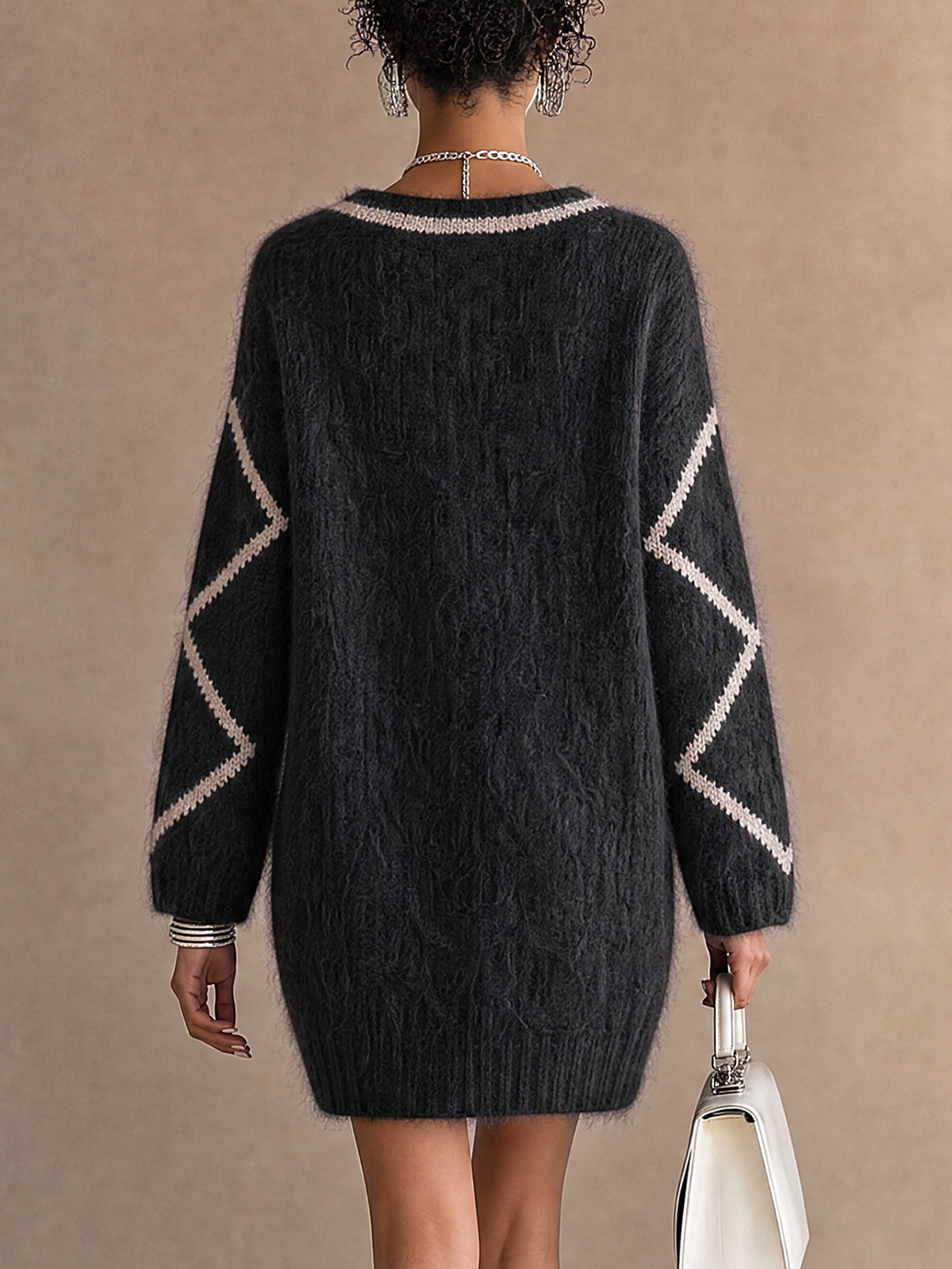 Black Fuzzy Knit V-Neck Contrast Ribbon Trim Sweater Mini Dress