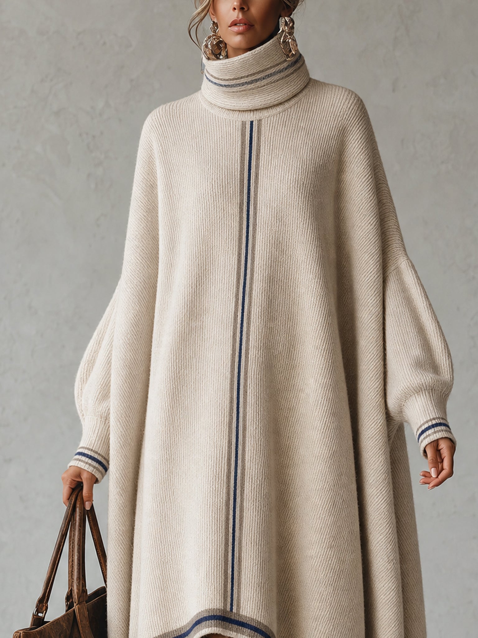 Oatmeal Oversized Striped Asymmetrical Hem Midi Dress