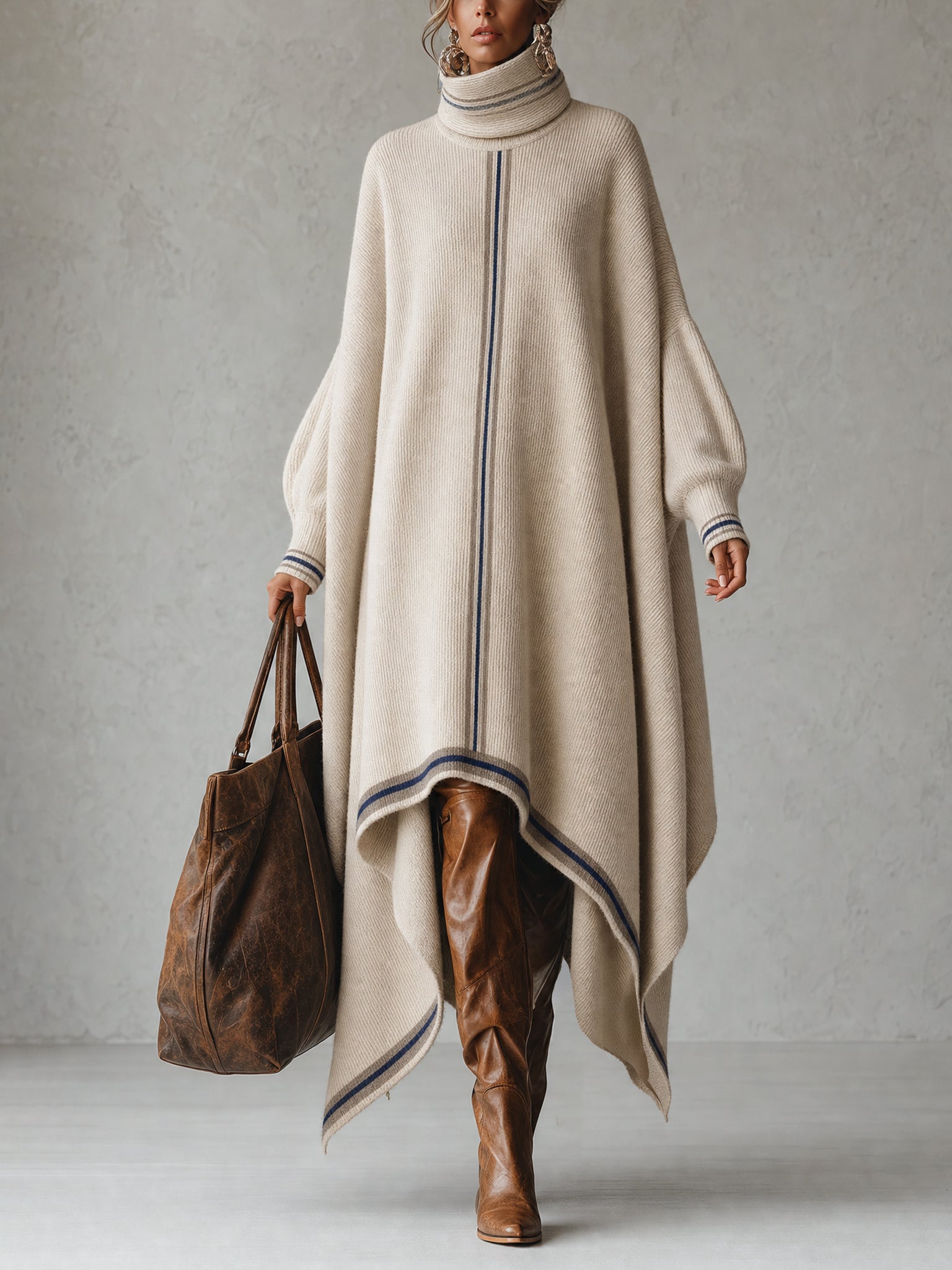 Oatmeal Oversized Striped Asymmetrical Hem Midi Dress