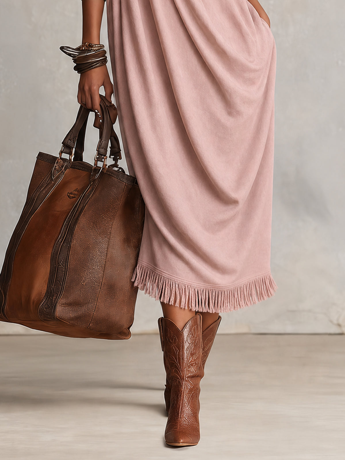 Blush Pink Draped Fringe-Hem Loose Midi Dress