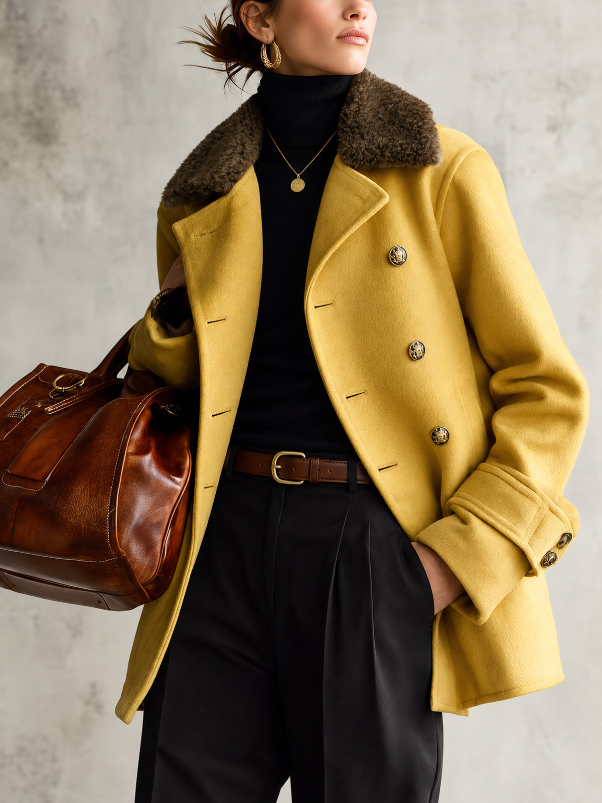 Yellow Oversized Wool-Blend Coat With Faux Fur Collar
