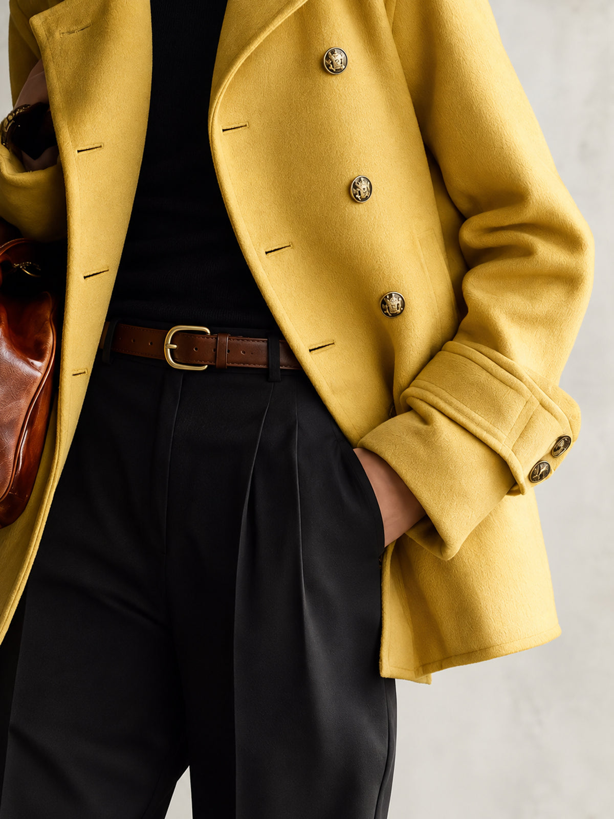 Yellow Oversized Wool-Blend Coat With Faux Fur Collar