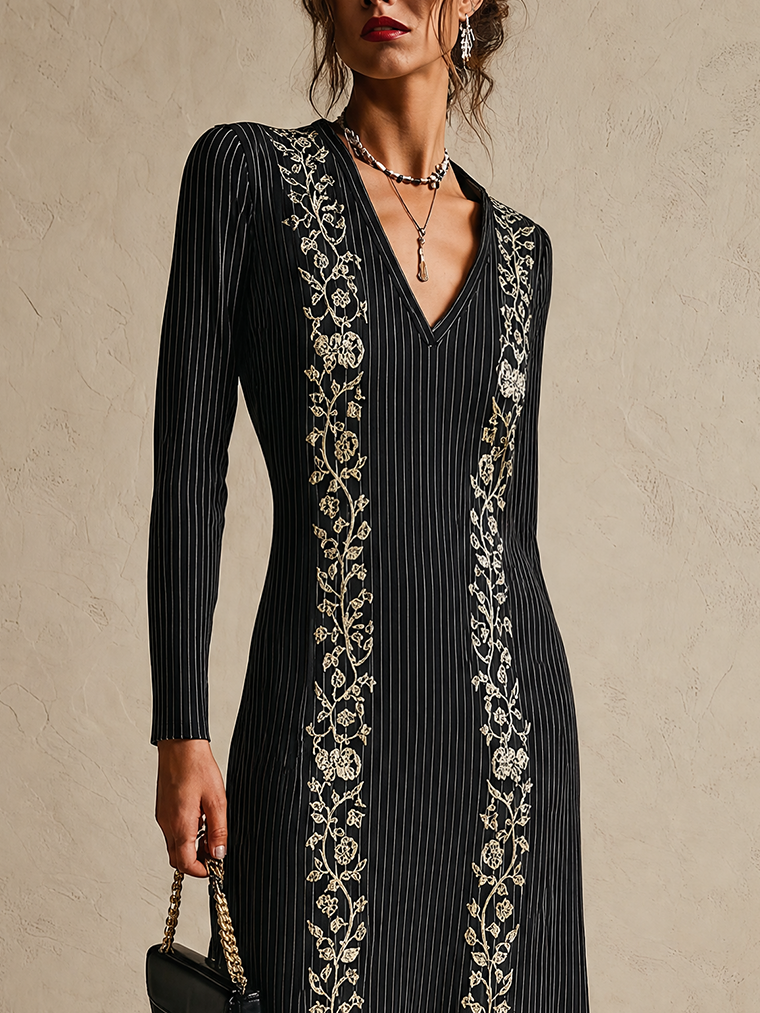 Black Pinstripe Knit V-Neck Maxi Dress With Gold Floral Embroidery