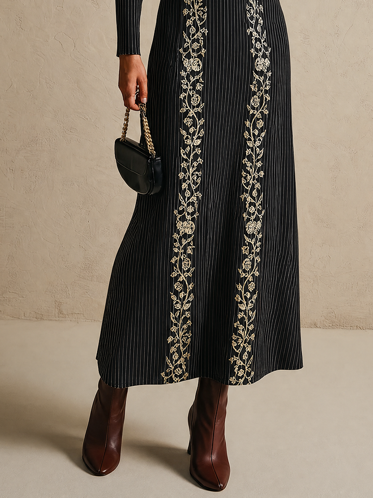 Black Pinstripe Knit V-Neck Maxi Dress With Gold Floral Embroidery