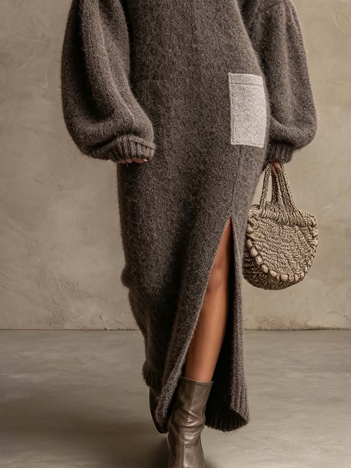 Taupe Mohair-Blend Knit Maxi Dress With Contrast Pocket And Front Slit