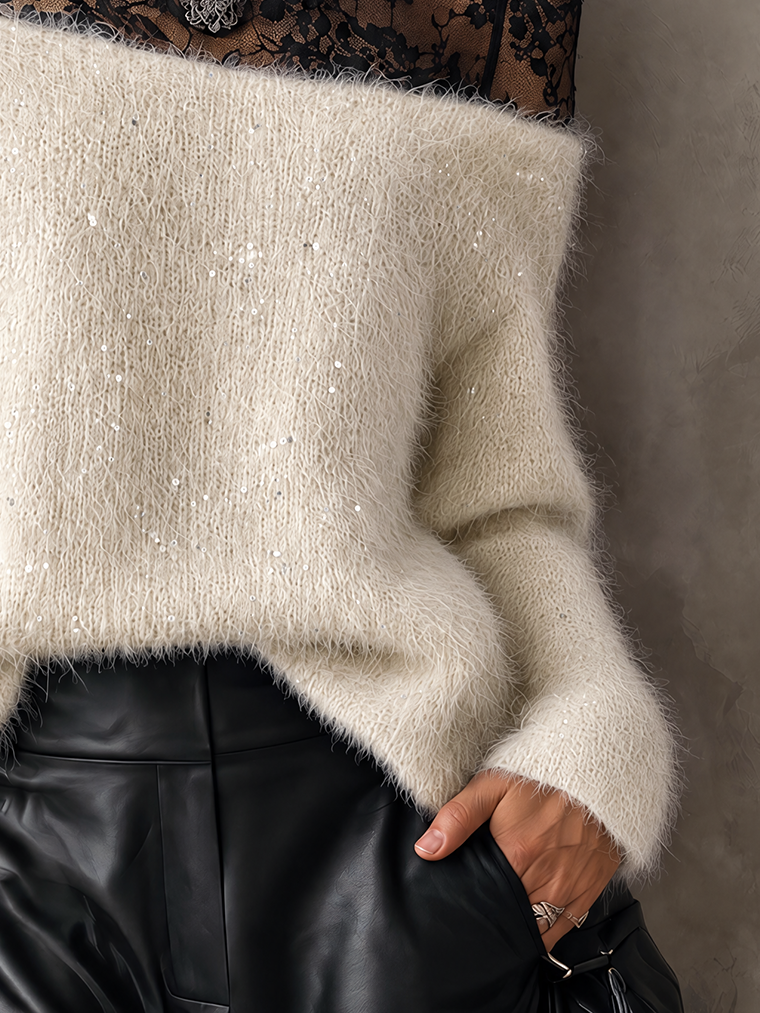Cream Fuzzy Mohair-Blend Sequin Sweater With Wide Slash Neckline