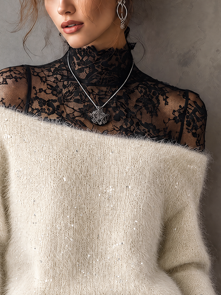 Cream Fuzzy Mohair-Blend Sequin Sweater With Wide Slash Neckline