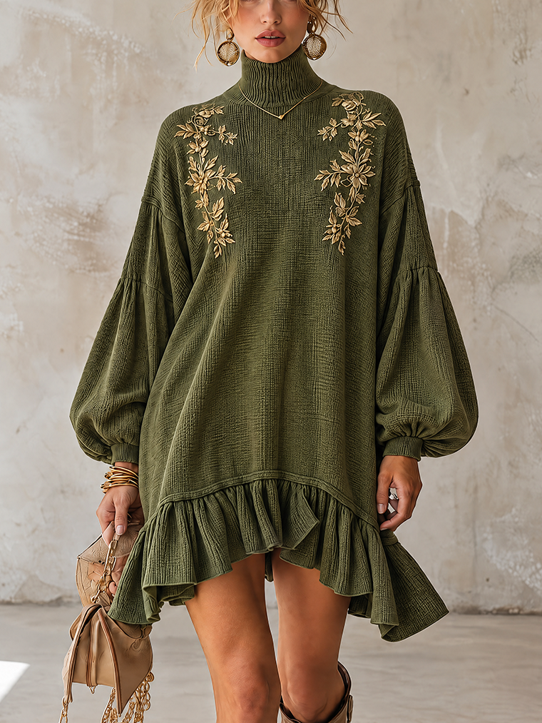 Olive Green Ribbed Knit Turtleneck Ruffle-Hem Mini Sweater Dress