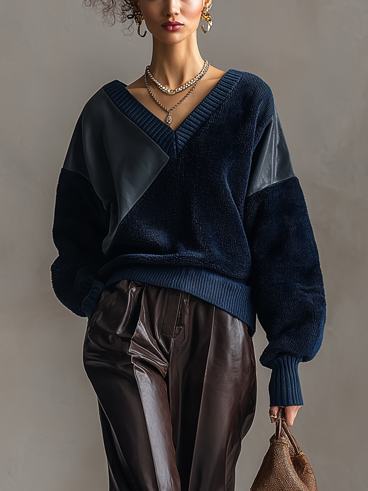 Navy Corduroy Faux Leather Panel V-Neck Sweatshirt