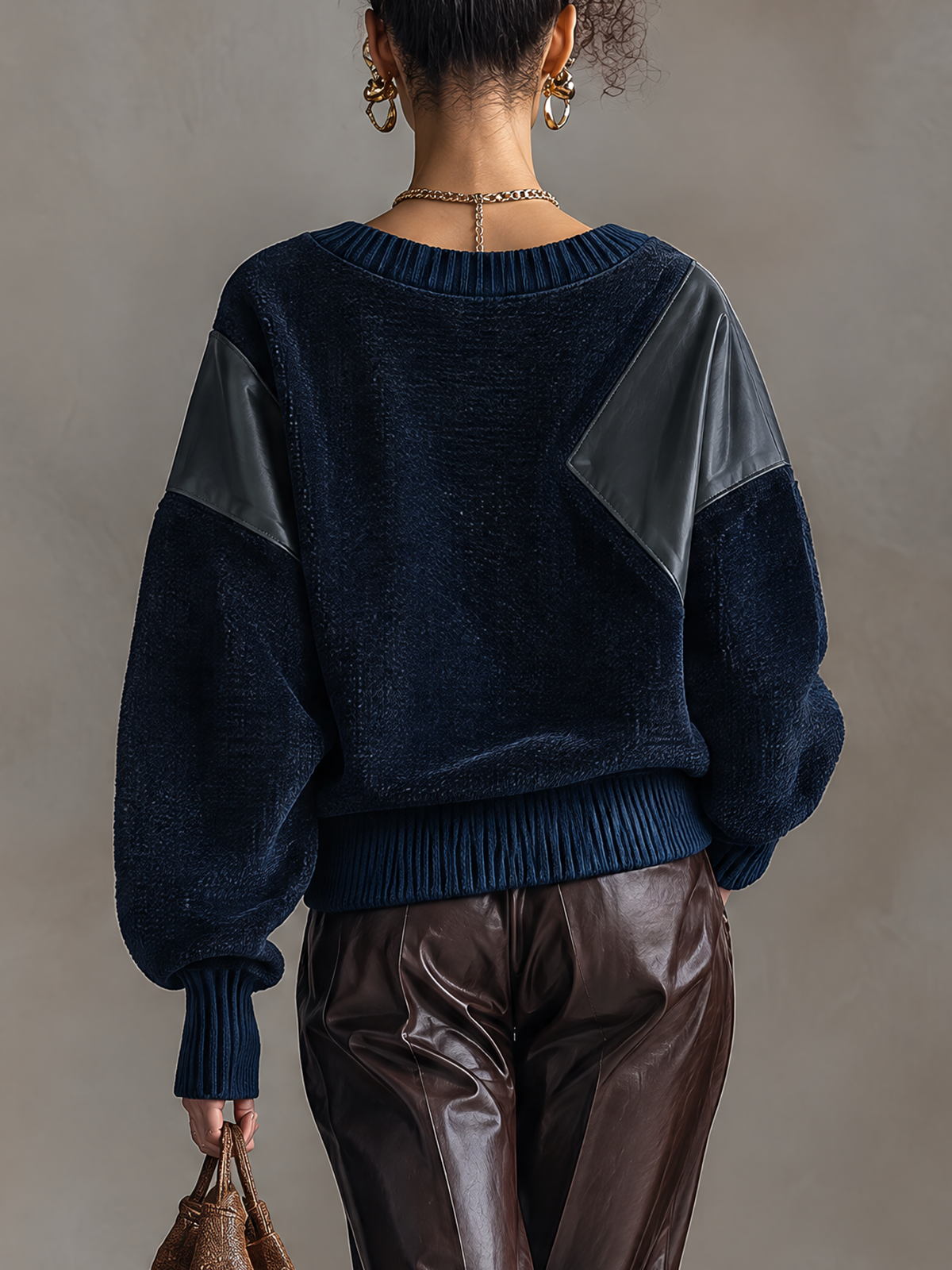 Navy Corduroy Faux Leather Panel V-Neck Sweatshirt