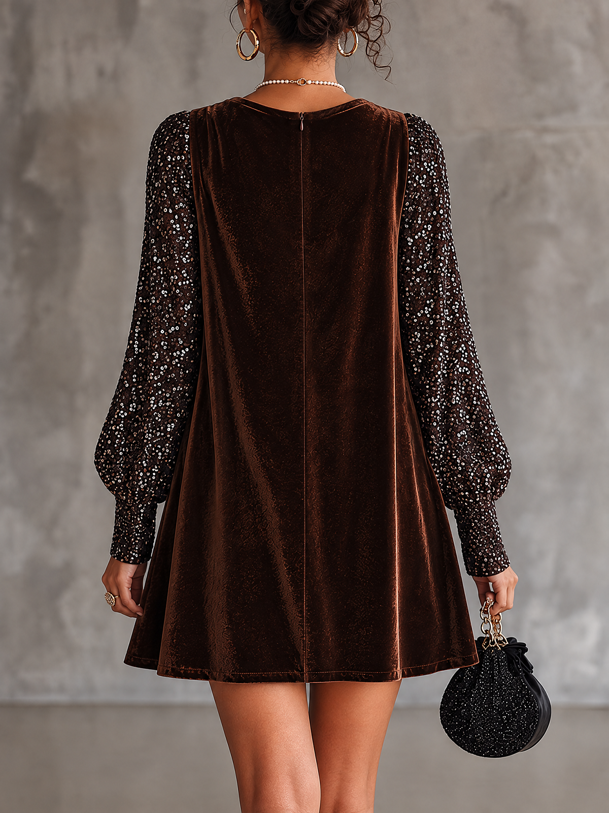 Brown Velvet Sequin Long Sleeve Mini Dress