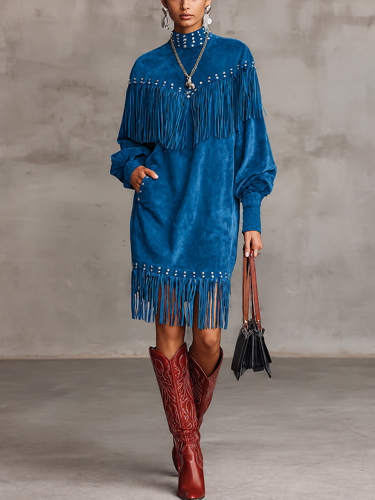Blue Faux Suede Fringe Studded Midi Dress