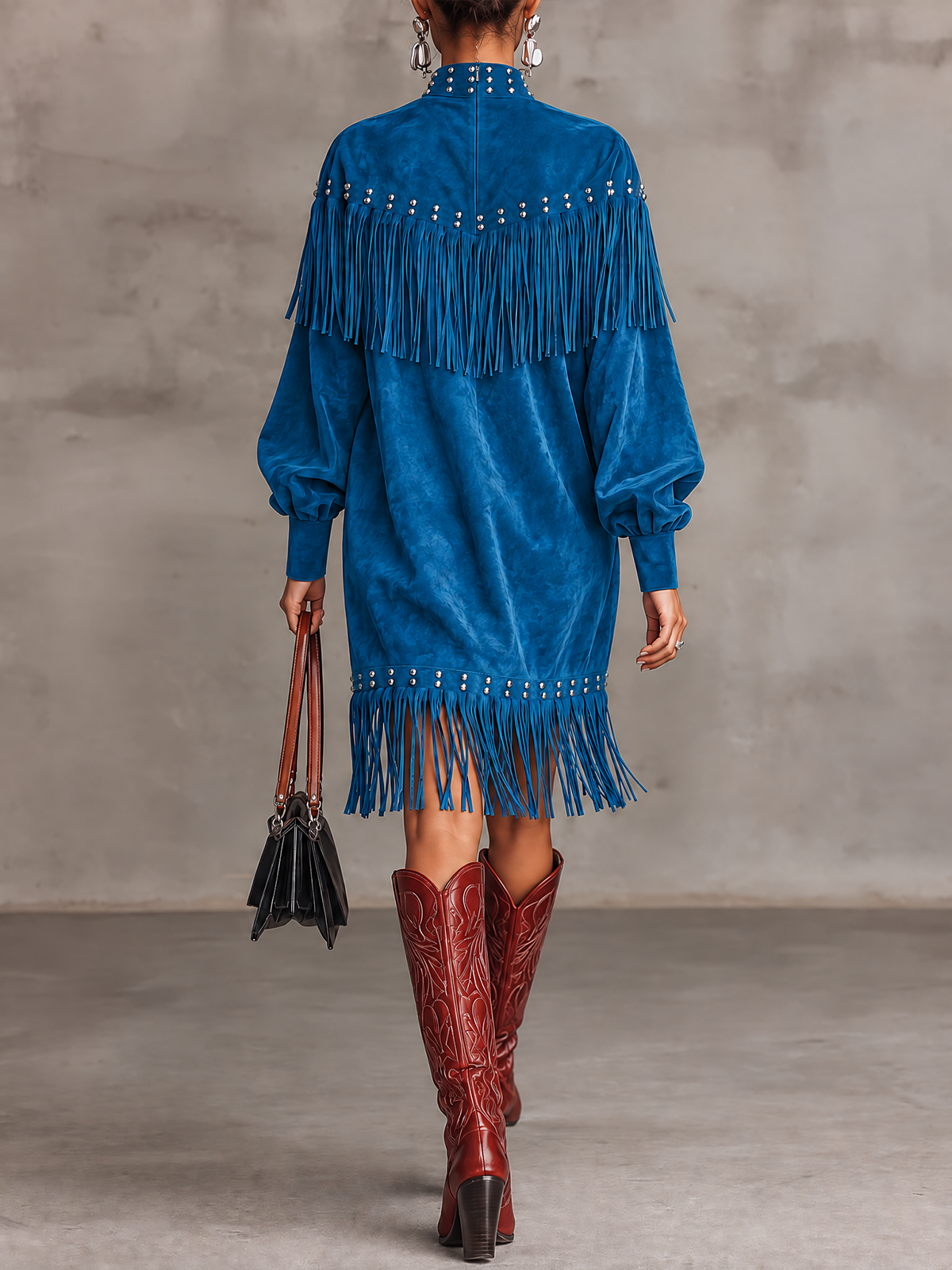 Blue Faux Suede Fringe Studded Midi Dress