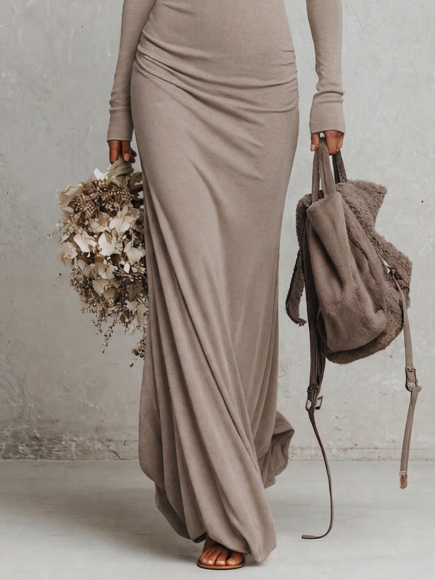 Oatmeal Deep V-Neck Brushed Stretch Knit Maxi Dress