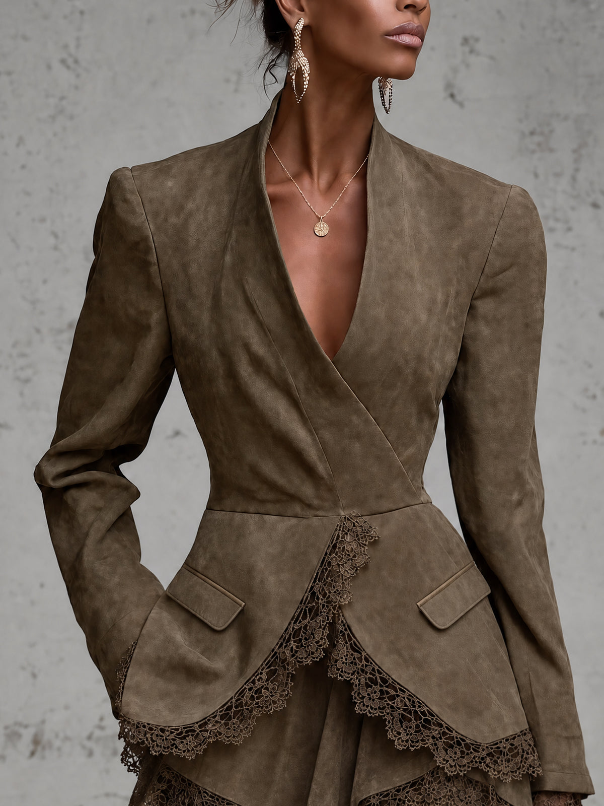 Olive Faux Suede Blazer Style Lace Trim Mini Dress