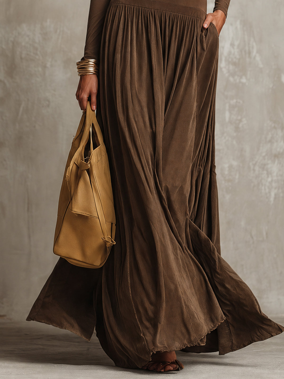 Vintage Brown Scoop Neck Long Sleeve Drop Waist Maxi Dress