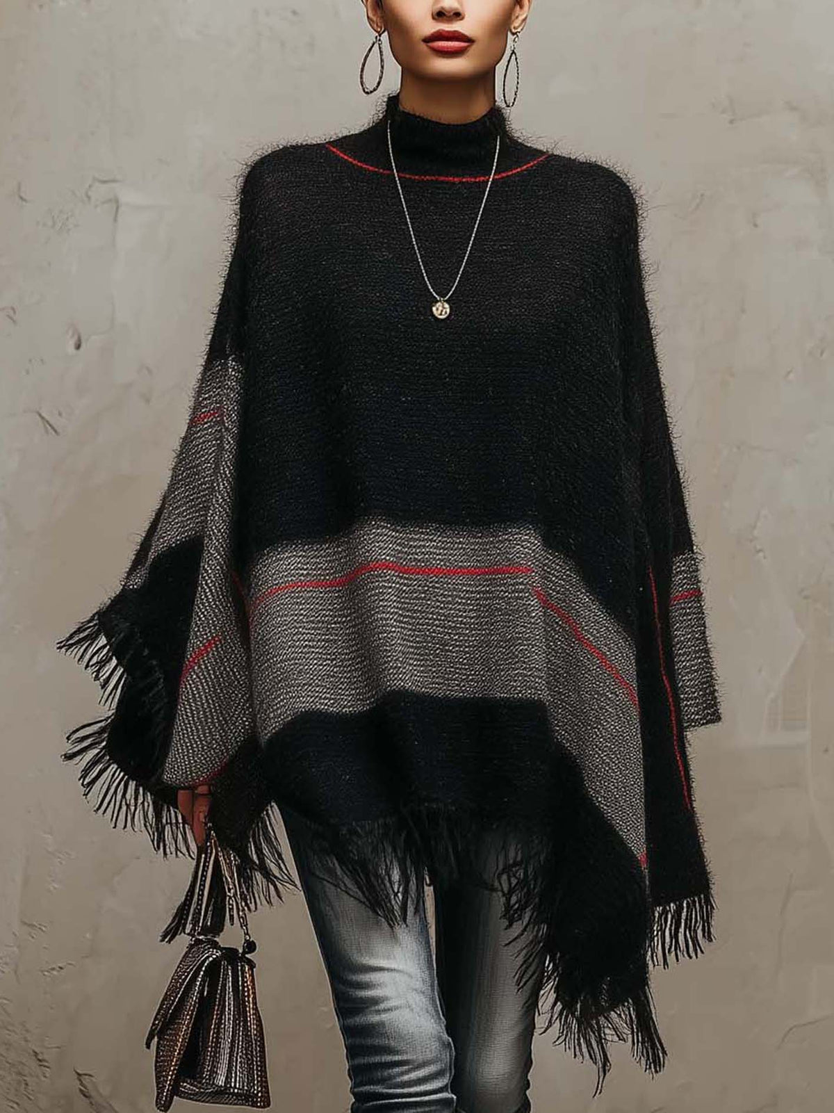 Black And Gray Color Block Knit Poncho With Crimson Stripe Accent And Fringe Trim