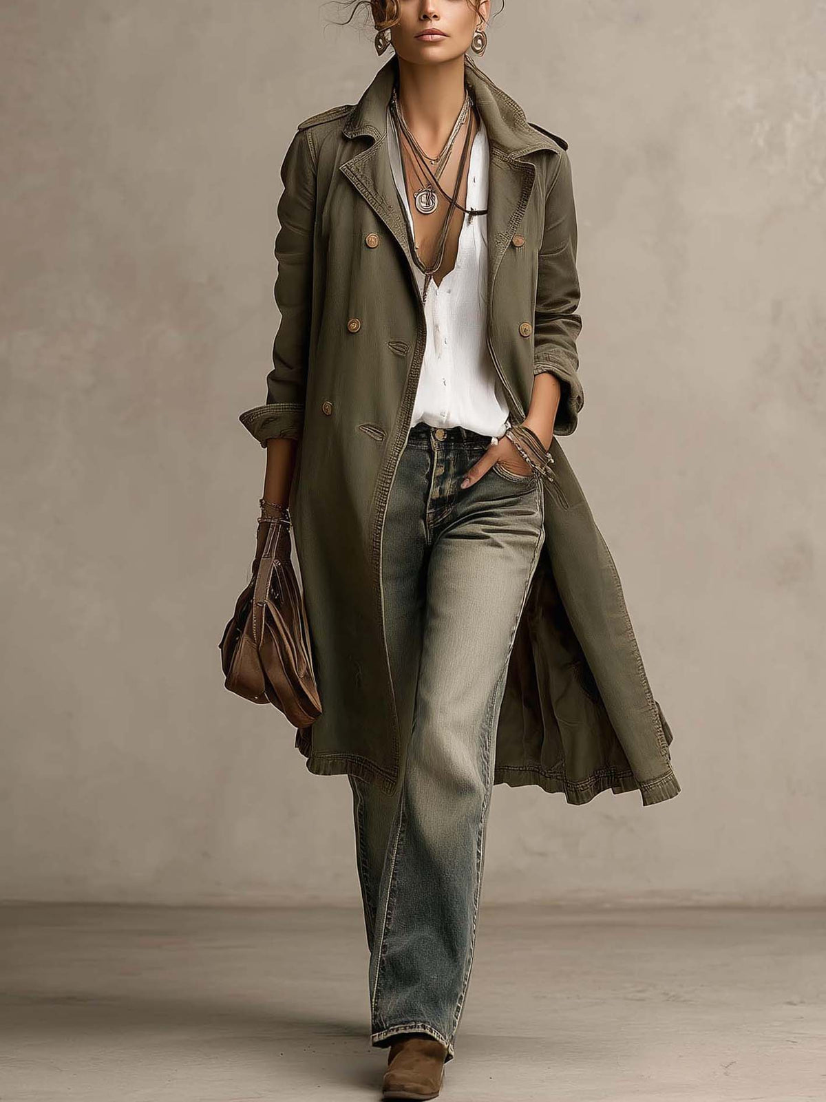 Vintage-Washed Olive Cotton Trench Jacket With Double-Breasted Buttons