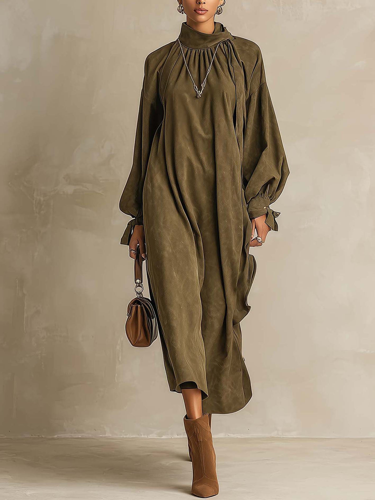 Distressed Olive Faux Suede Maxi Dress With Pleated Mock Neck And Balloon Sleeves
