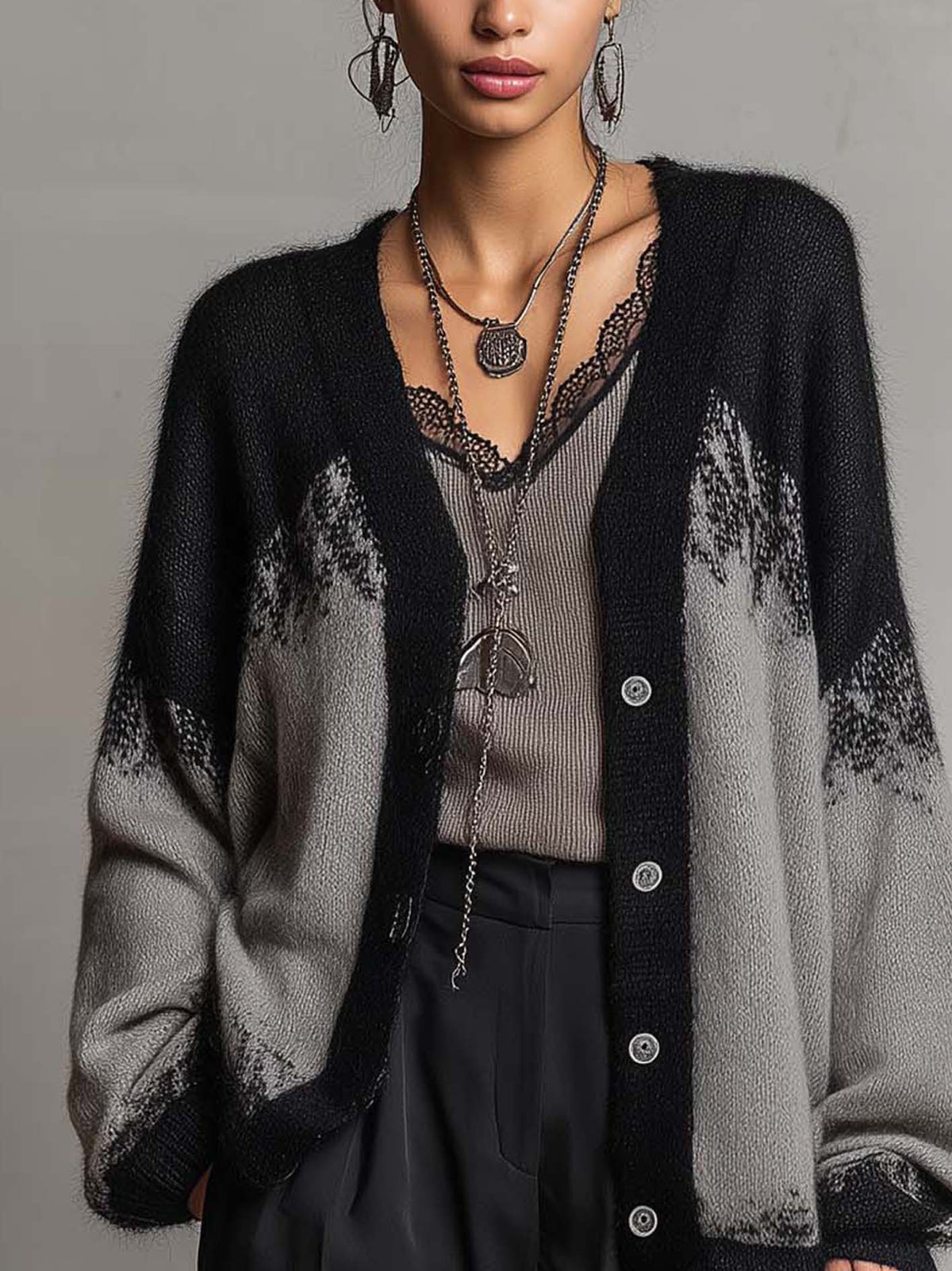 Gray And Black Color Block Knit Cardigan With Balloon Sleeves