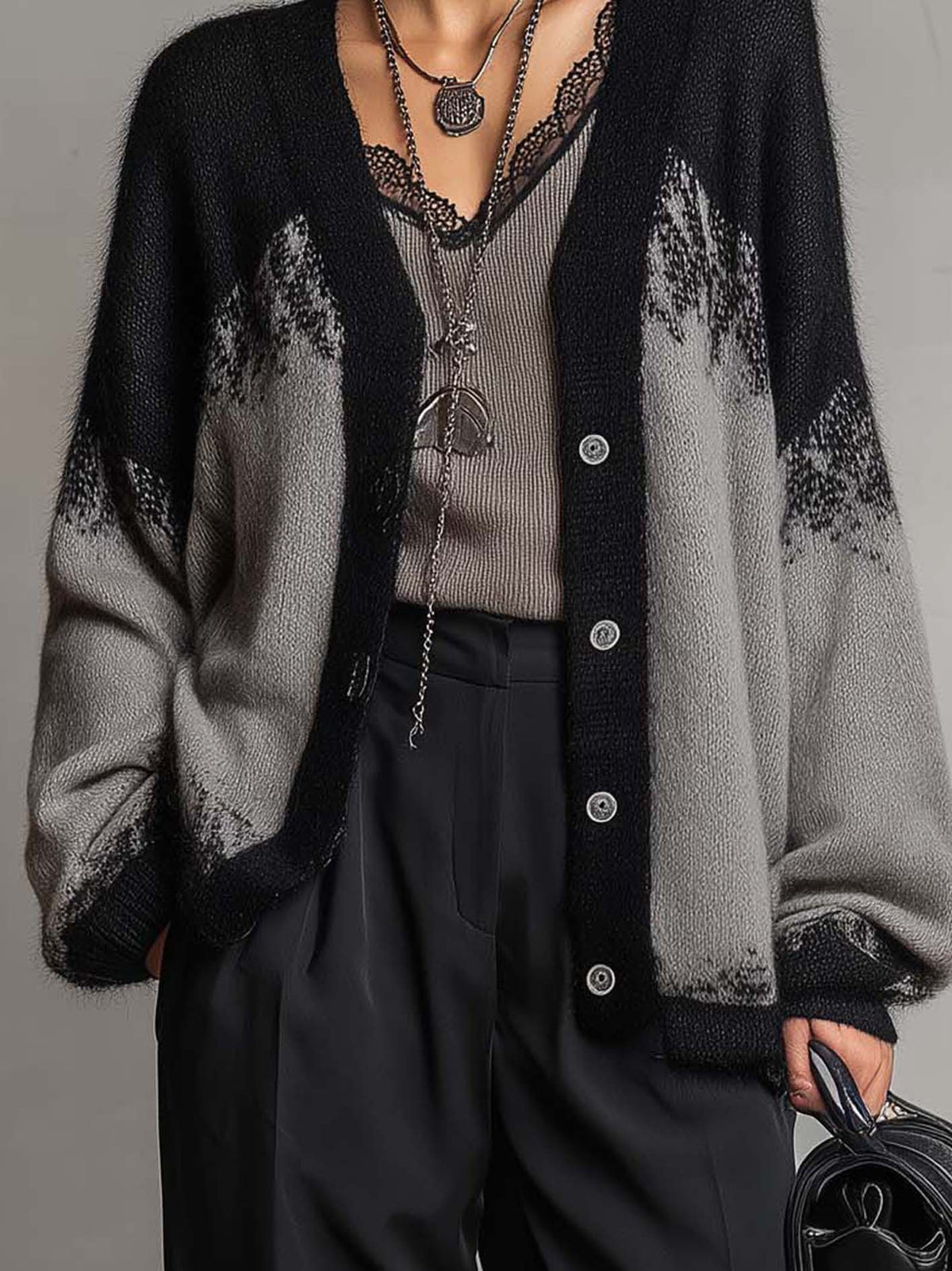 Gray And Black Color Block Knit Cardigan With Balloon Sleeves