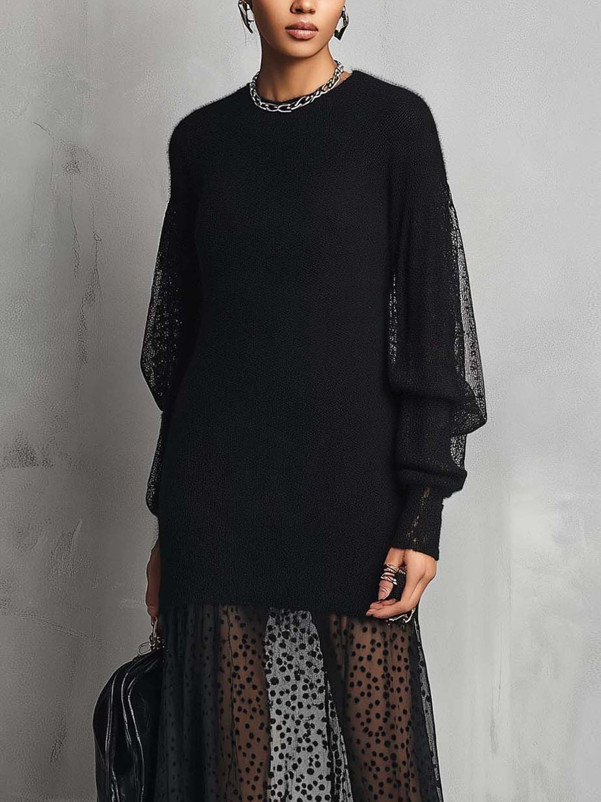 Black Knit Maxi Dress With Polka Dot Sheer Mesh Patchwork Hem