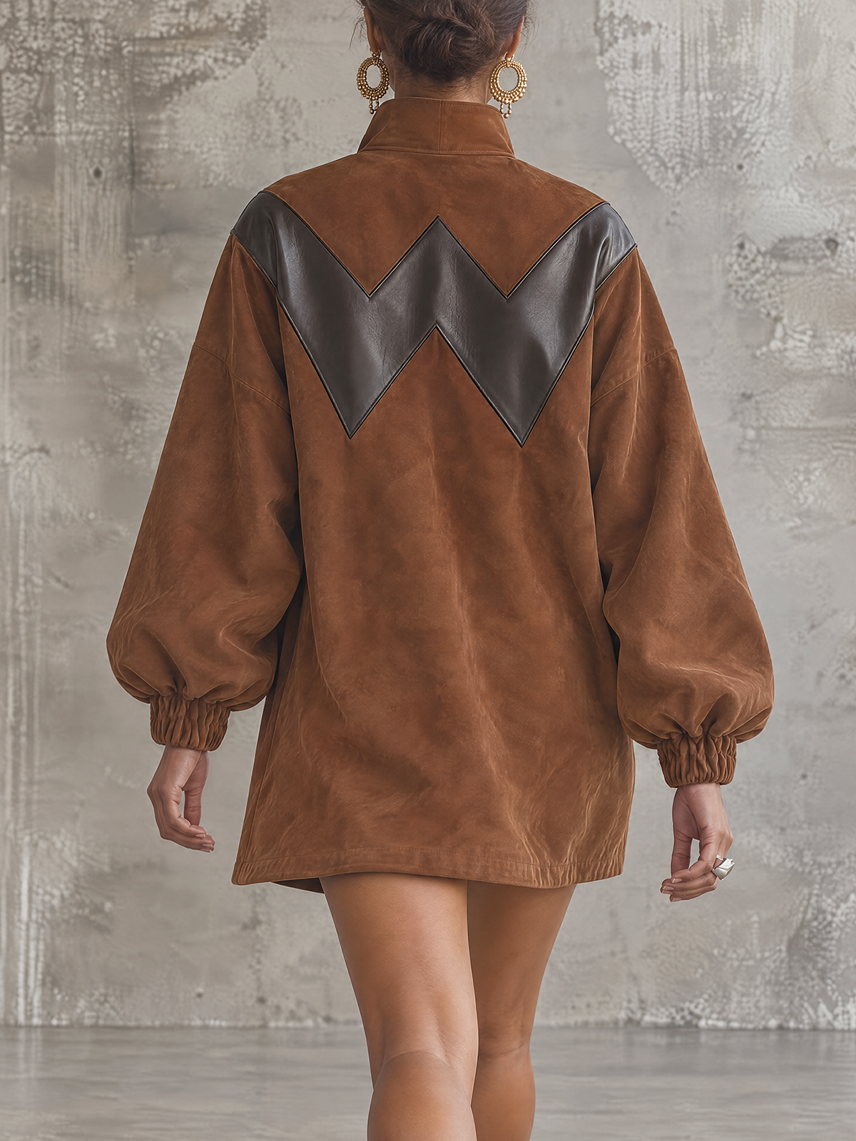 Brown Faux Suede Contrast Leather Half Zip Mini Dress