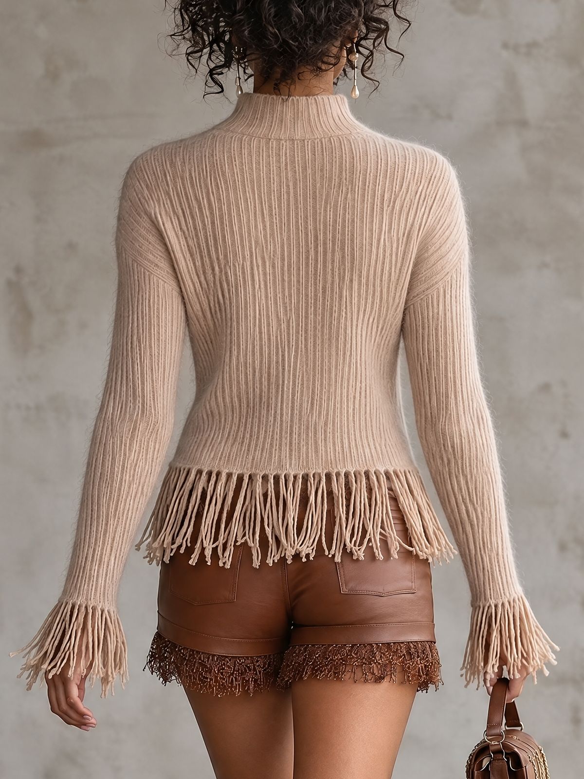 Oat Ribbed Turtleneck Fringe Knit Top