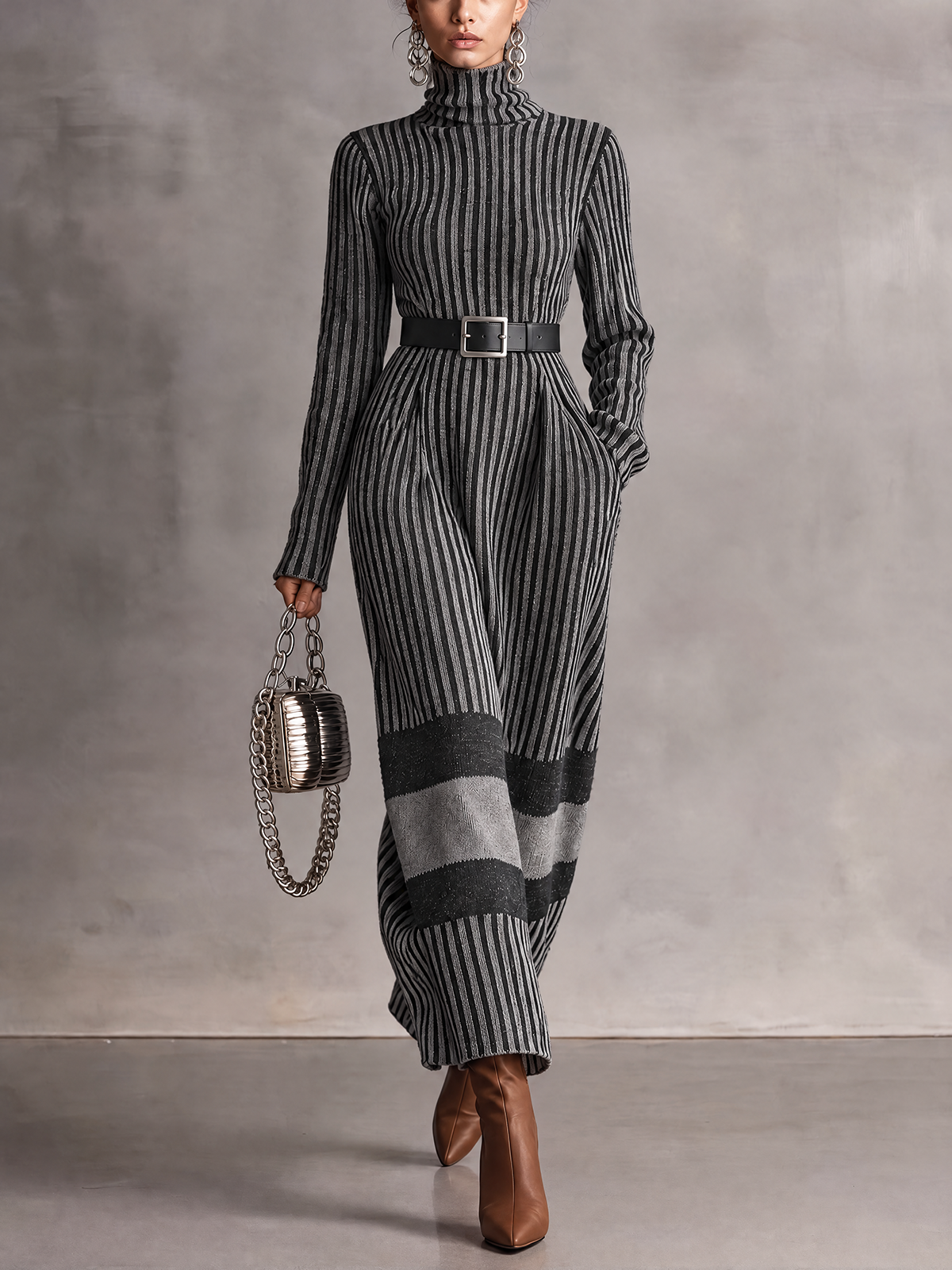Grey Black Striped Turtleneck Knit Maxi Dress
