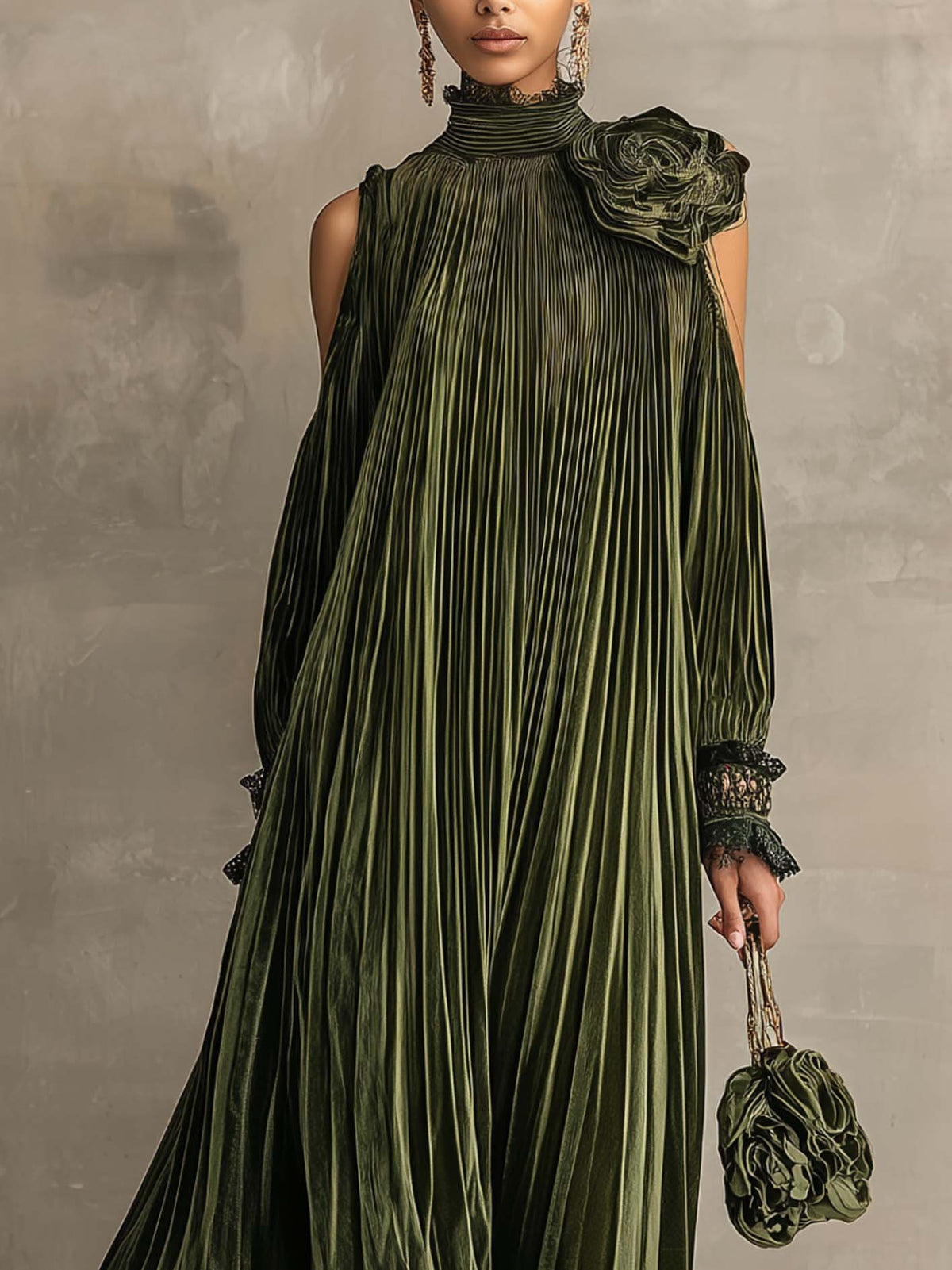 Olive Green Pleated Velvet Maxi Dress With 3D Floral Shoulder Appliques