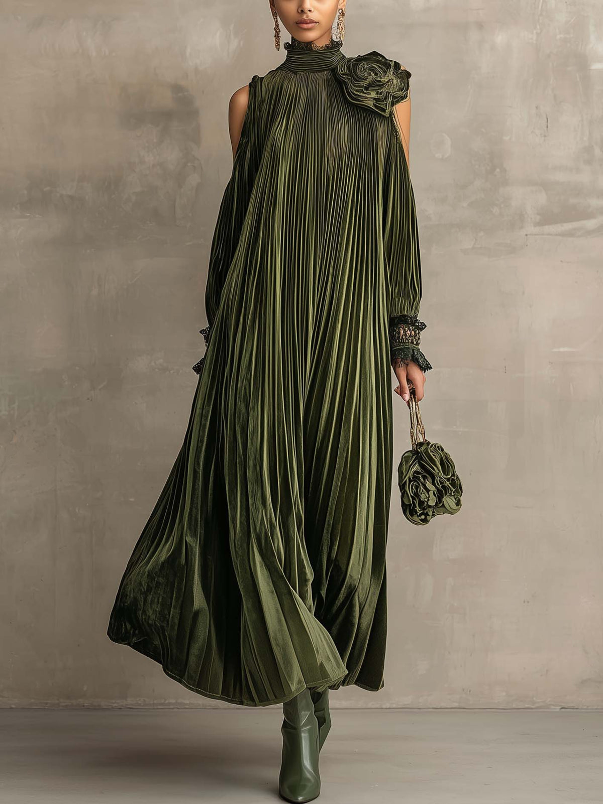 Olive Green Pleated Velvet Maxi Dress With 3D Floral Shoulder Appliques