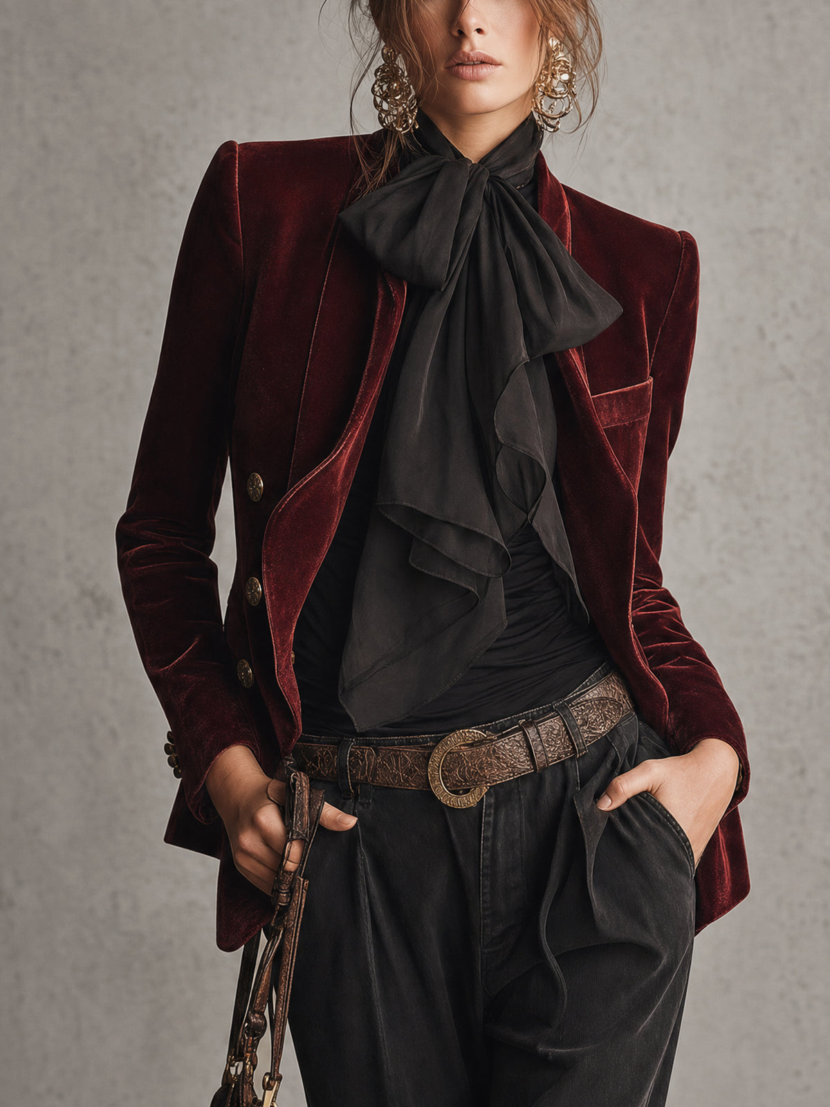 Burgundy Velvet Long Sleeve Vintage Tailored Blazer