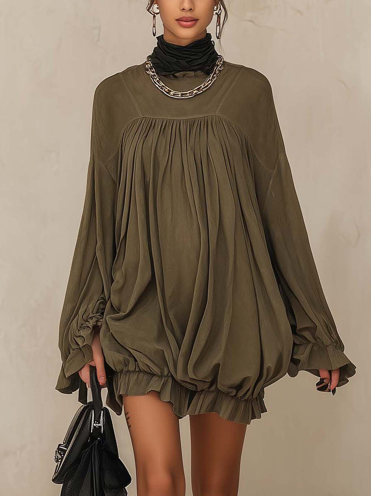 Olive Faux Suede Oversized Mini Dress With Gathered Yoke And Ruffle Hem