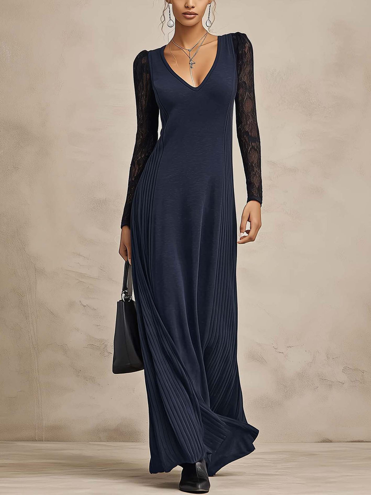 Navy Ribbed Stretch Maxi Dress With Sheer Lace Sleeves And Side Pleating