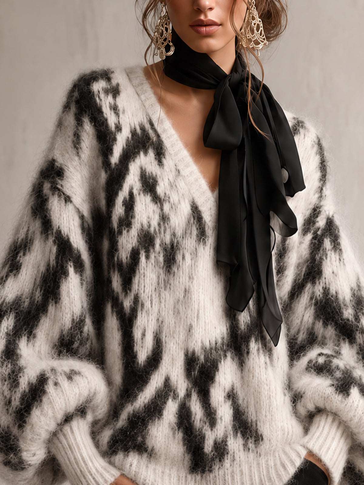 Black And White Abstract Oversized V-Neck Wool Blend Sweater