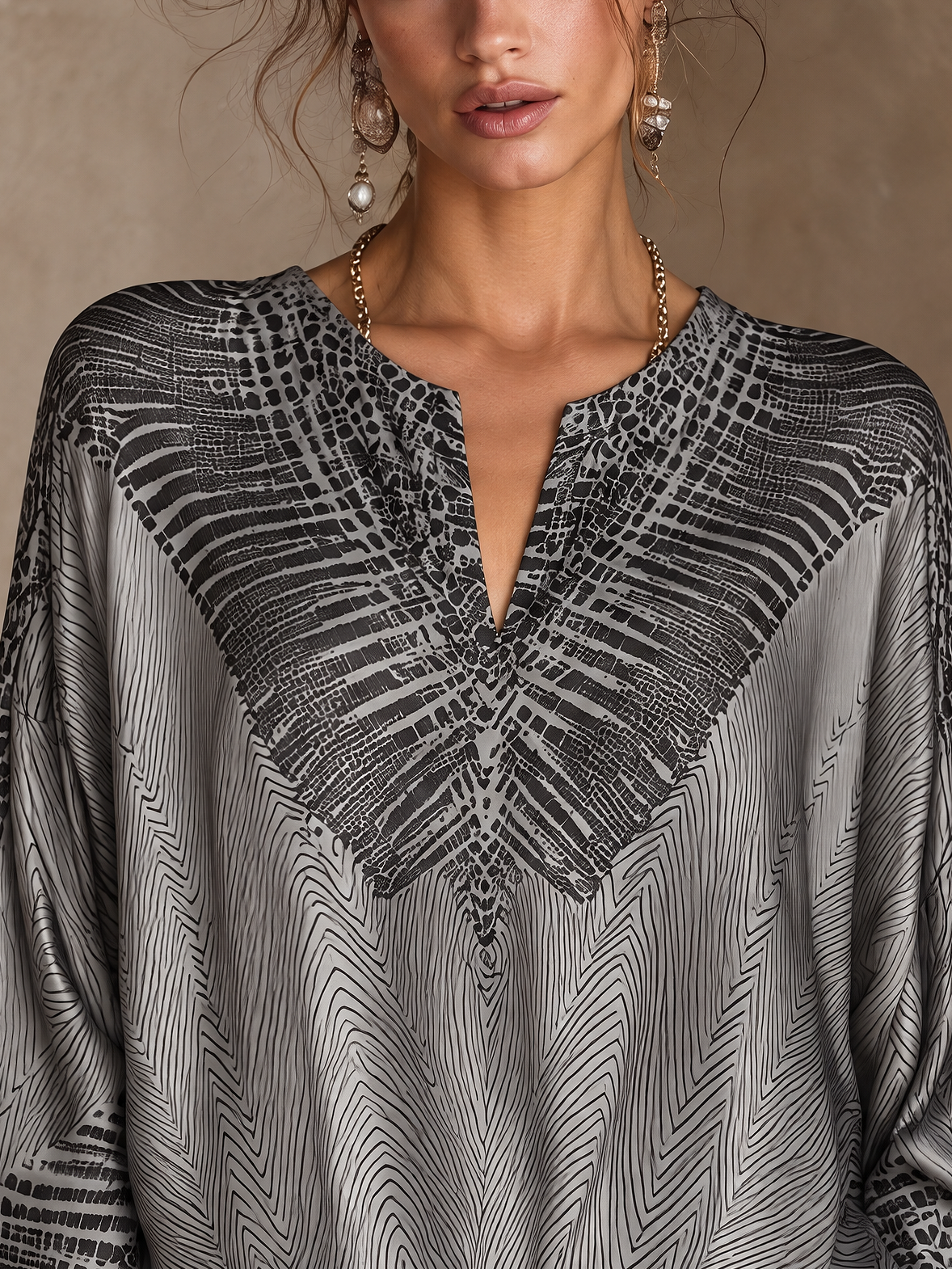 Silver Gray Snakeskin Print Satin Notch-Neck Blouse