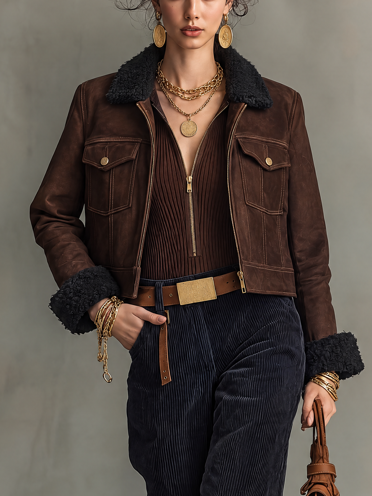 Dark Brown Faux Suede Shearling Collar Cropped Jacket