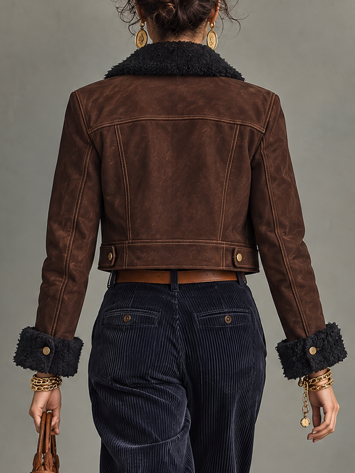 Dark Brown Faux Suede Shearling Collar Cropped Jacket