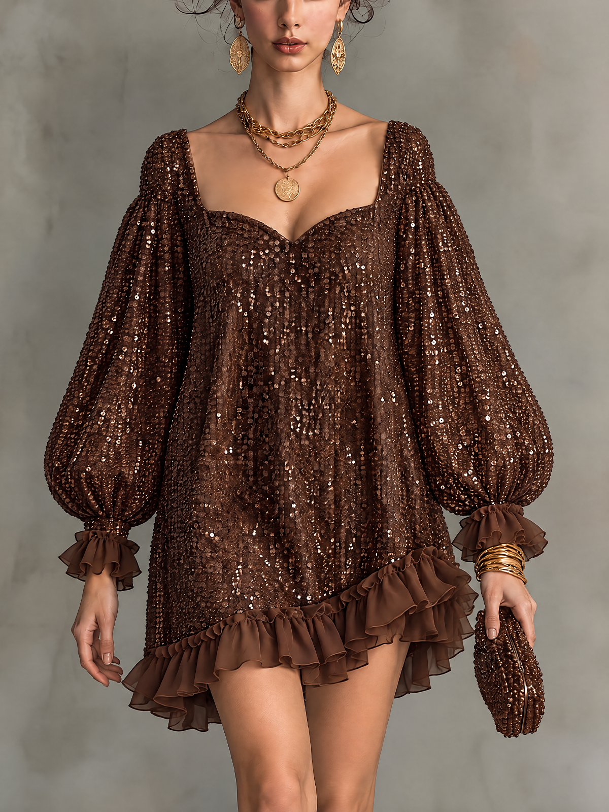 Brown Sequin Square Neck Puff Sleeve Mini Dress