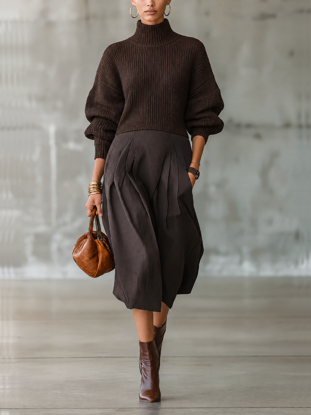 Dark Brown Ribbed Turtleneck Sweater And Pleated Midi Skirt Set