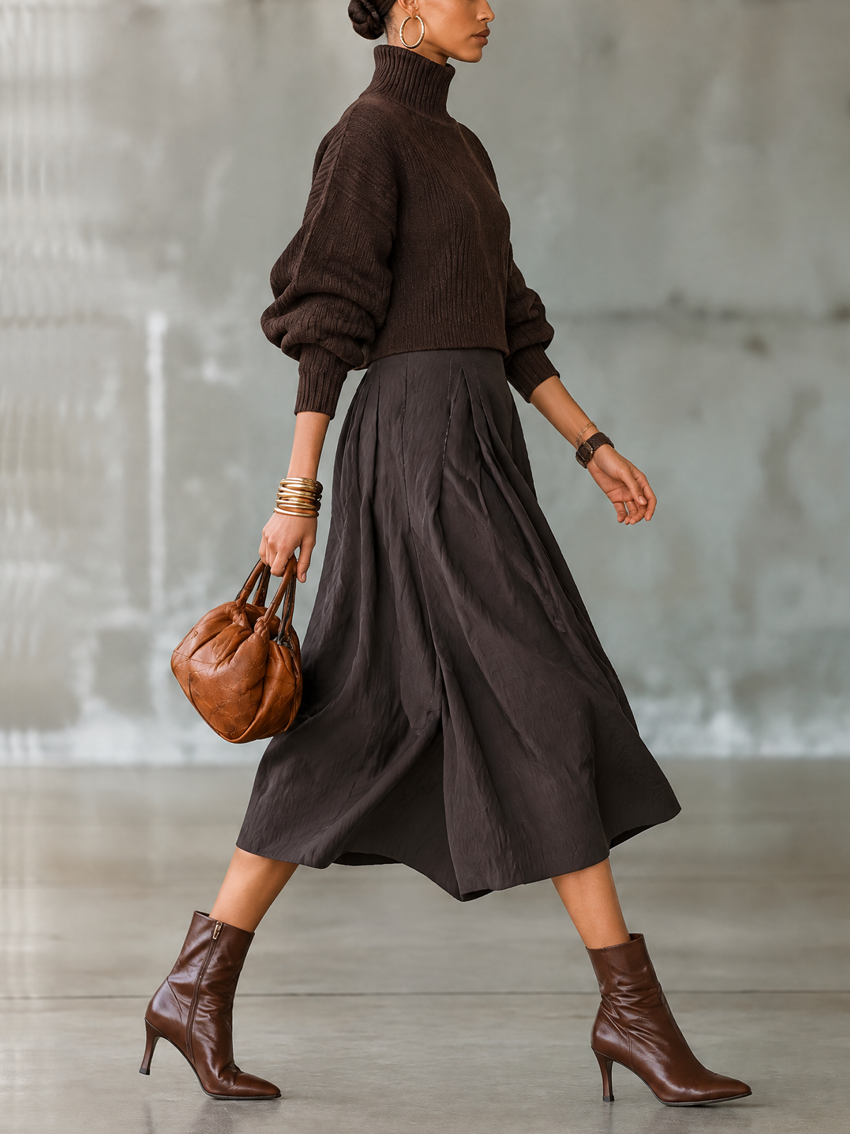 Dark Brown Ribbed Turtleneck Sweater And Pleated Midi Skirt Set