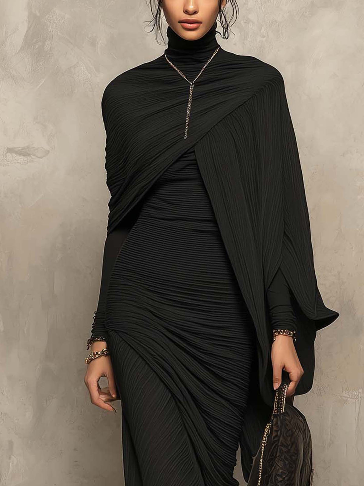 Black Pleated Cape Overlay And Bodycon Maxi Dress Set
