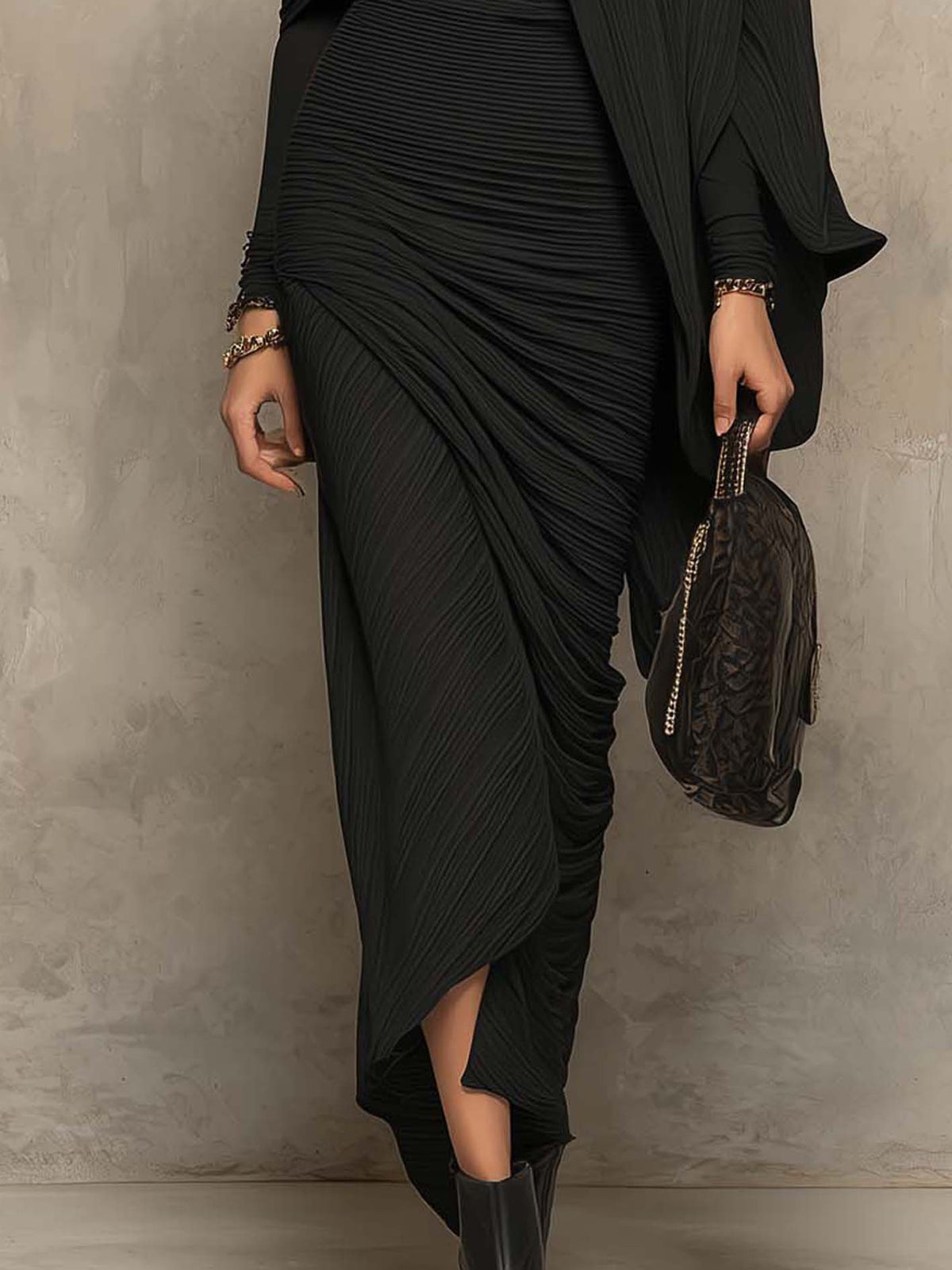 Black Pleated Cape Overlay And Bodycon Maxi Dress Set