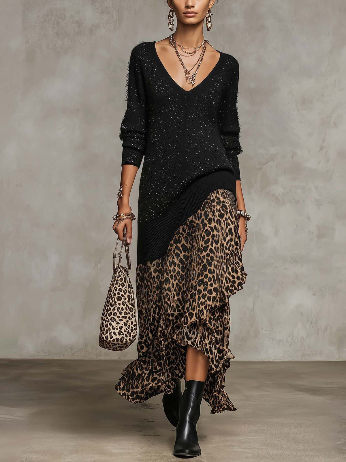 Black Shimmer Knit Sweater Dress With Leopard Ruffle Hem