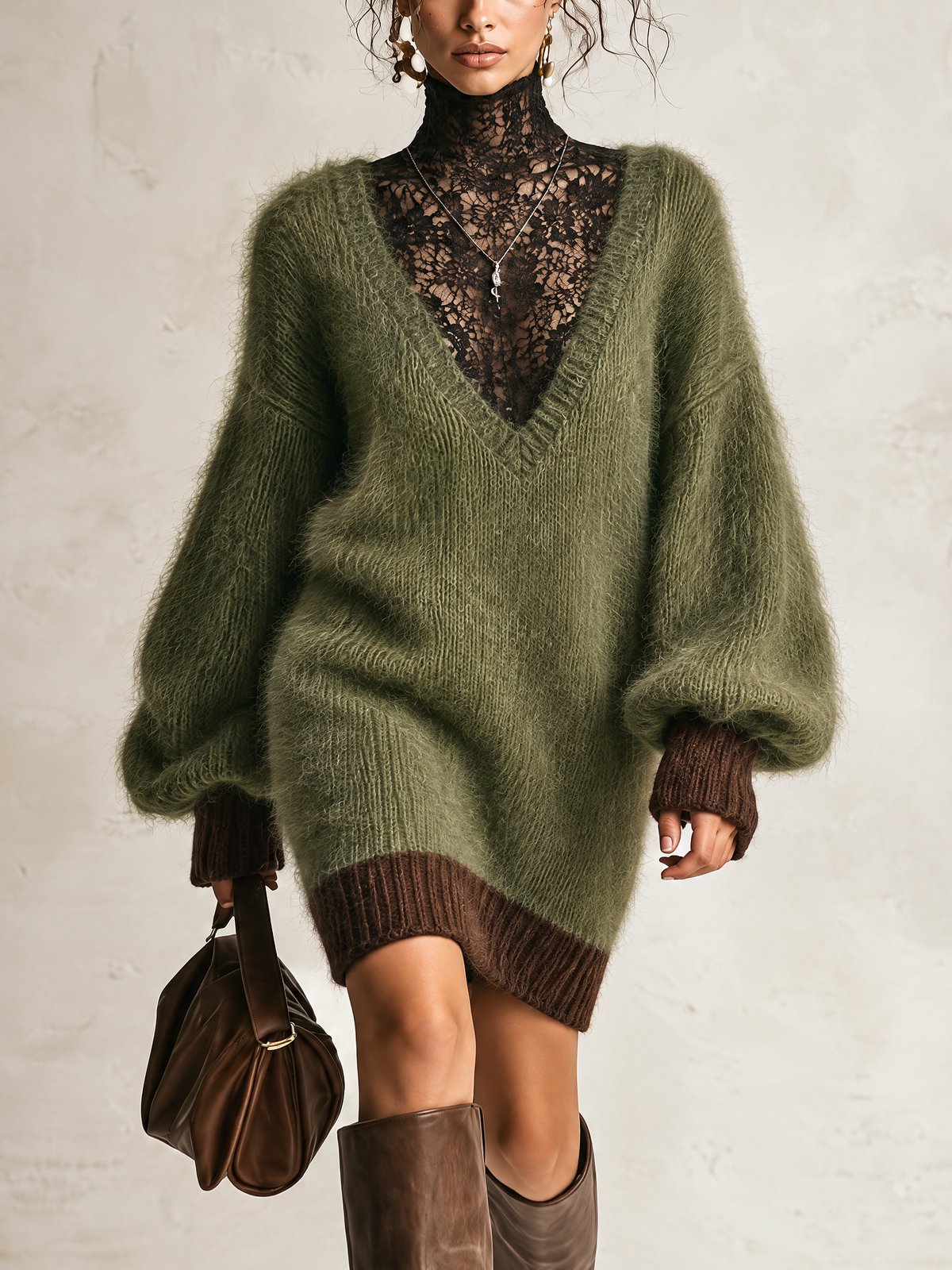 Olive Green Fuzzy Mohair Balloon-Sleeve Mini Sweater Dress With Black Lace Turtleneck