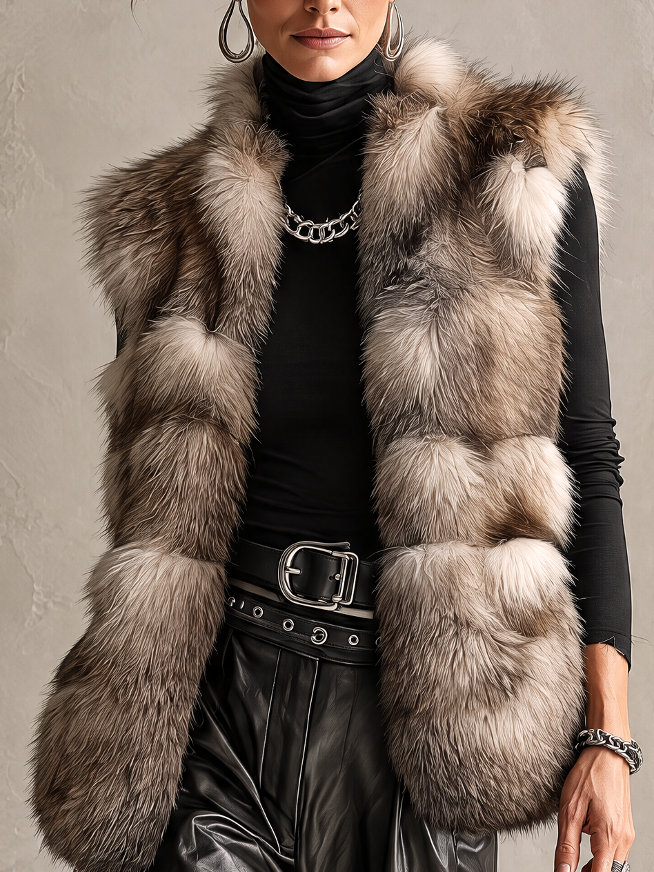 Brown Silver-Tipped Faux Fur Longline Puffer Vest