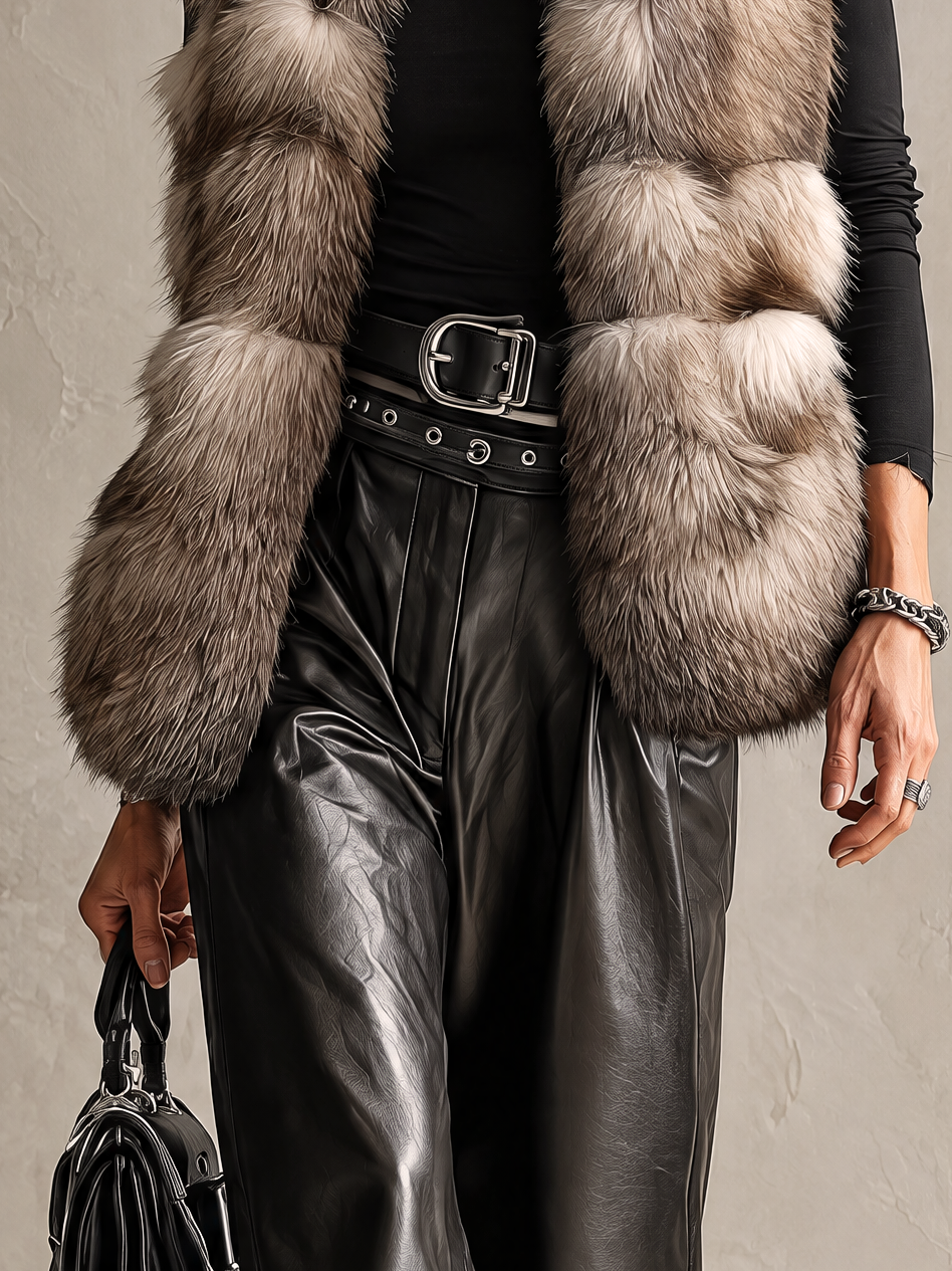 Brown Silver-Tipped Faux Fur Longline Puffer Vest
