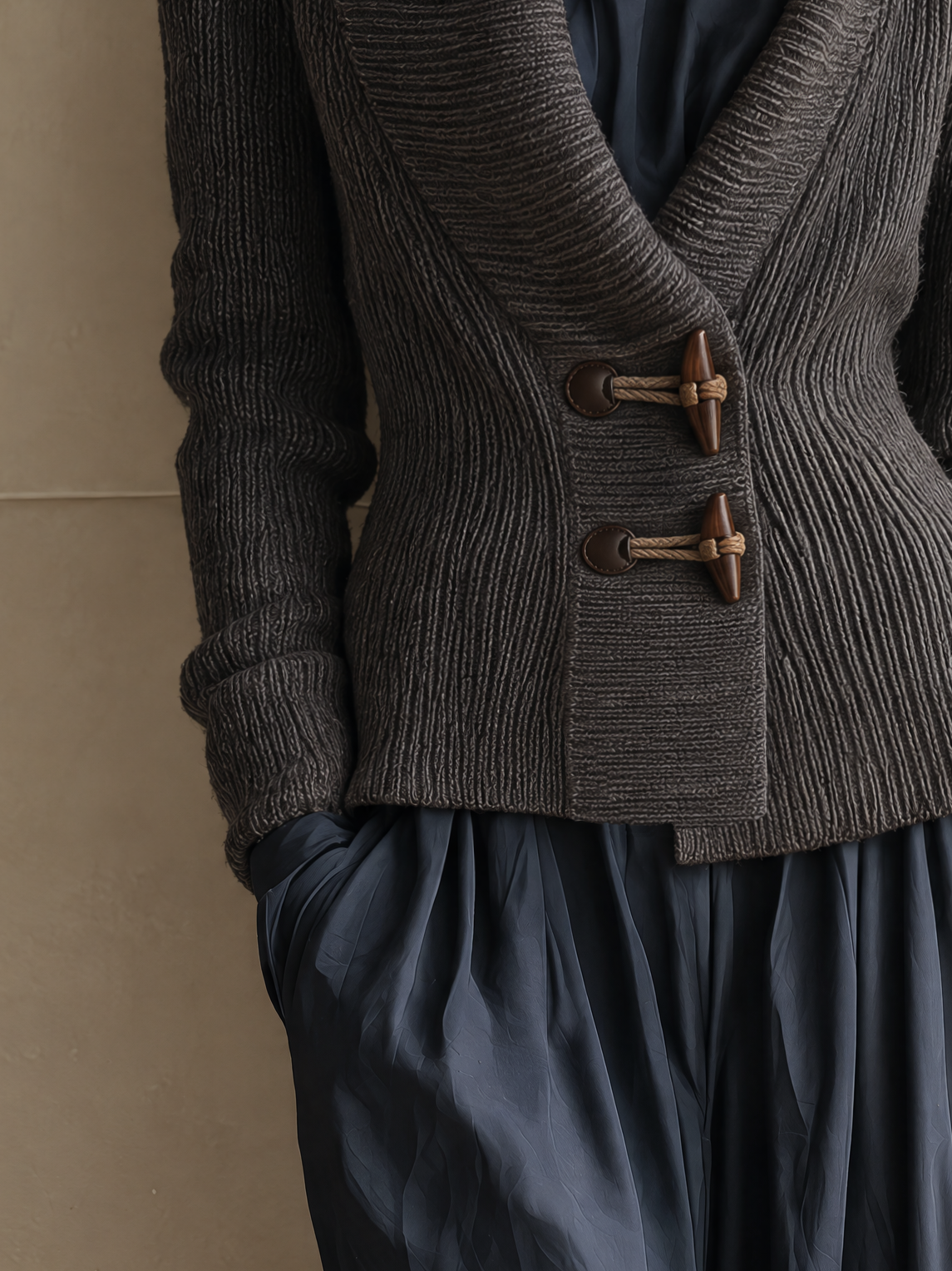 Charcoal Ribbed Shawl-Collar Knit Cardigan With Toggle Closures
